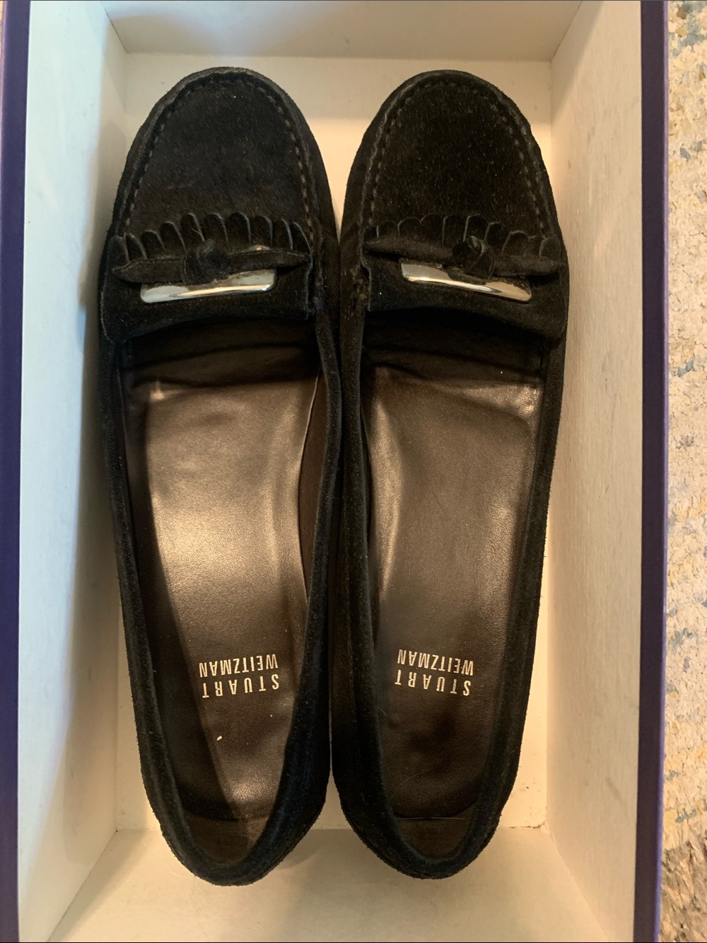 Stuart Weitzman Black Suede Kiltie Fringe Loafers, Size 7.5, Beautiful!!